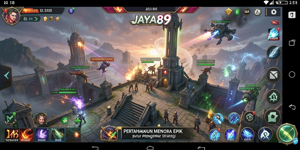 Tampilan gameplay JAYA89 dengan menara dan musuh yang menakjubkan.