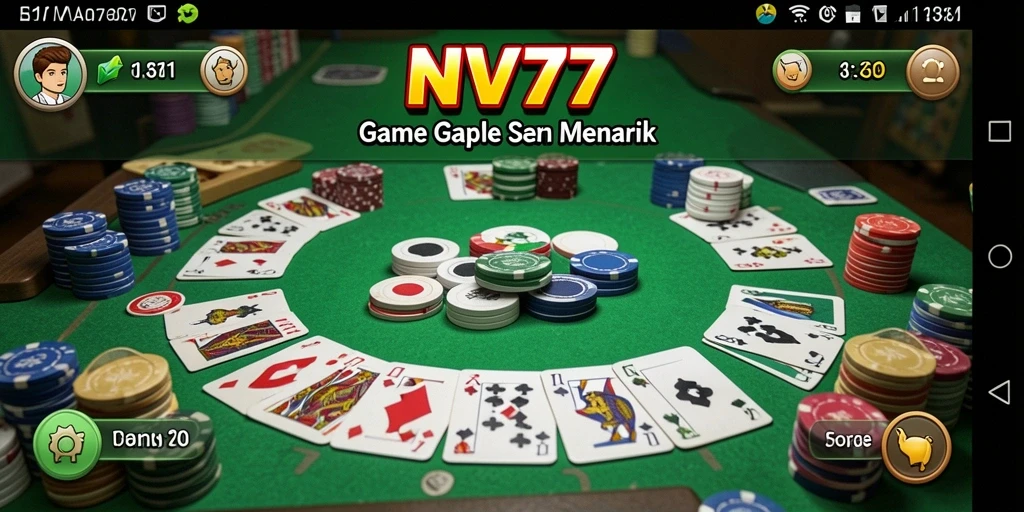 Screenshot NV77 menampilkan tampilan gameplay Gaple yang mengasyikkan.