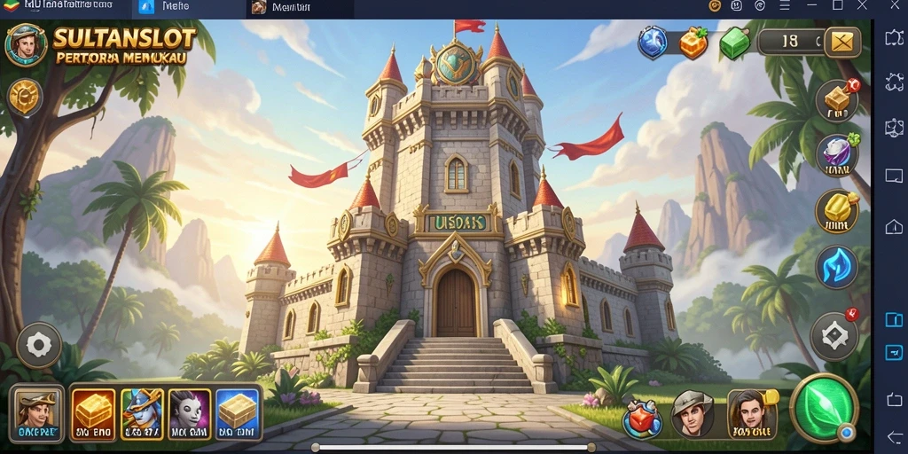 Tampilan gameplay SULTANSLOT dengan menara mempertahankan wilayah.
