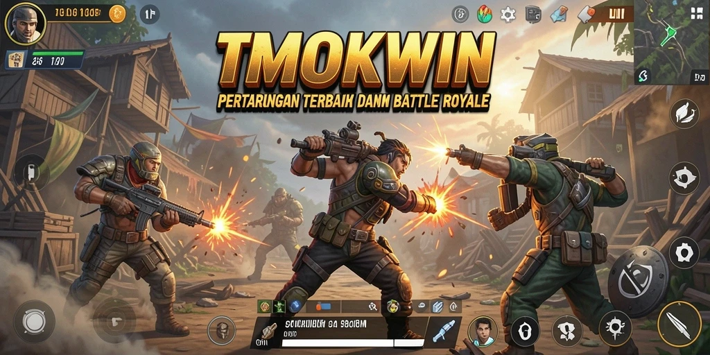 Screenshot gameplay TMOKWIN menampilkan pertarungan Battle Royale yang mendebarkan.